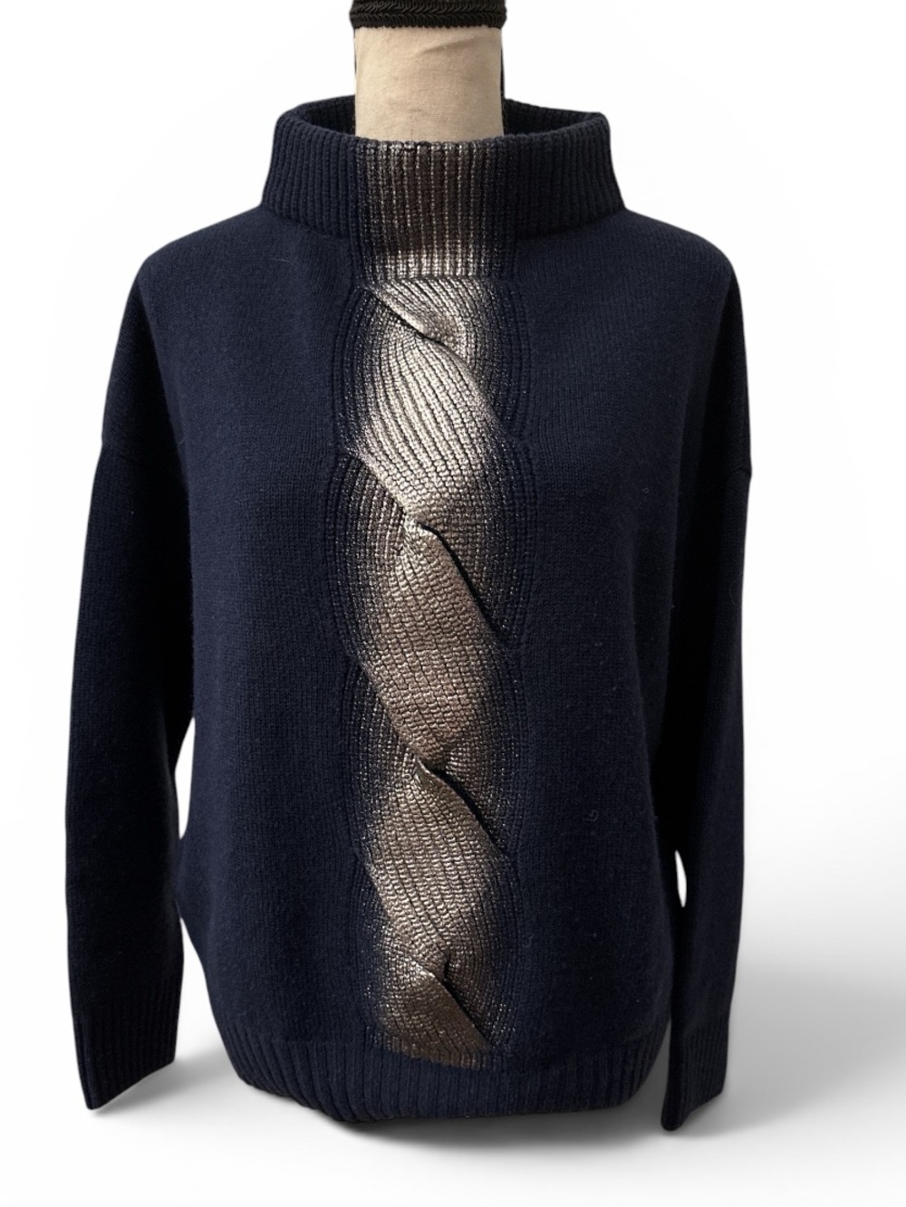 Navy Cowl Neck Sweater with Metallic Cable Detail